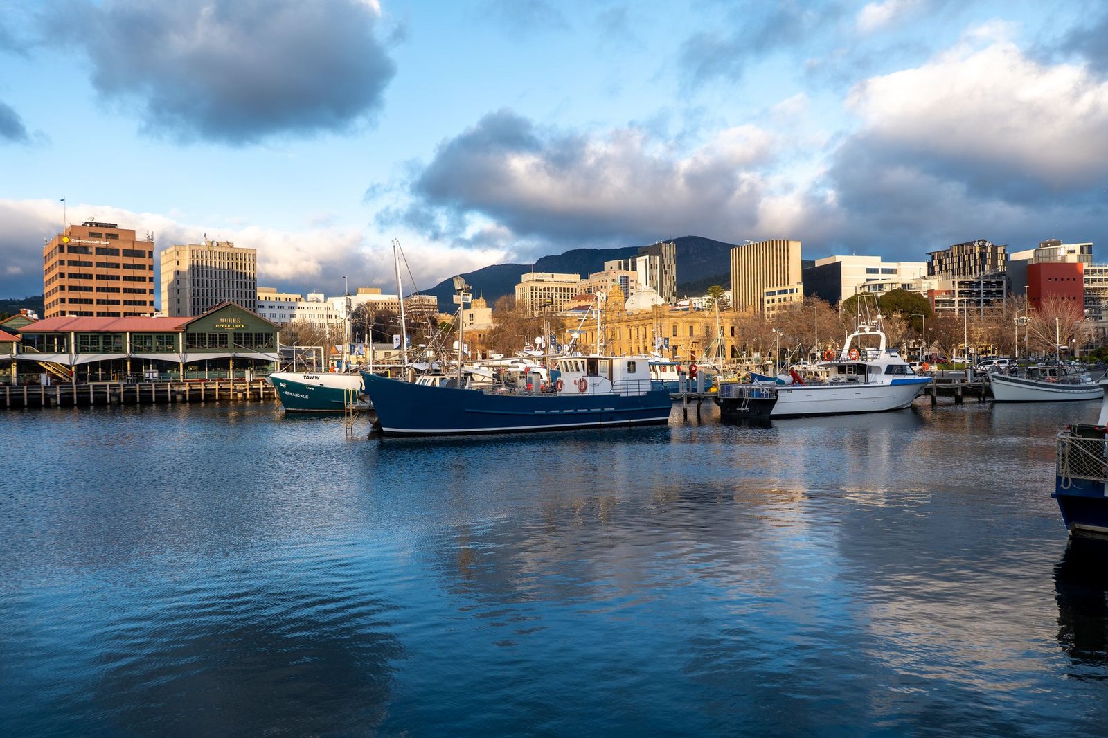Hobart's waterfront with fishing boats and the city skyline under a clear sky, Tasmania